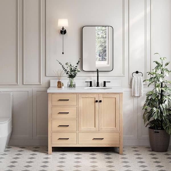 ARIEL Cambridge 43 in. W x 22 in. D x 36 in. H Single Freestanding Bath Vanity in Oak with Pure White Quartz Top
