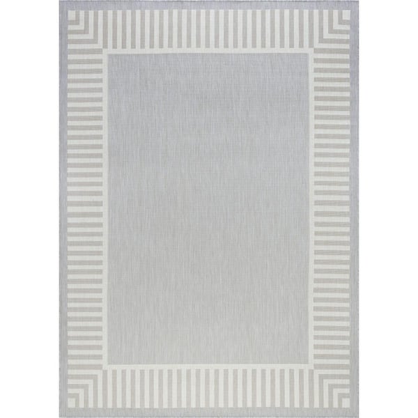 Tayse Rugs Eco Striped Border Gray 9 ft. x 12 ft. Indoor/Outdoor Area Rug