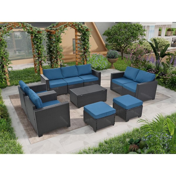 Unbranded 10 Pieces Wicker Outdoor Patio Furniture Set, Sectional Sofa Set, with Peacock Cushions and Tempered Glass Coffee Table