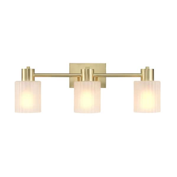 Lydia 21 in. 3-Light Matte Brass Vanity Light with Frosted Ribbed Glass Shades