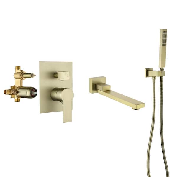 Miscool Oberlin Single-Handle Wall Mount Roman Tub Faucet with Swivel Tub Spout and Hand Shower in Brushed Gold