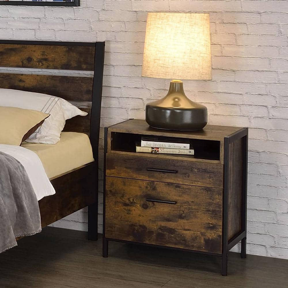 Rustic Oak and Black 2-Drawer Industrial Nightstand