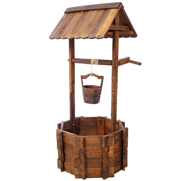 20 in. Outdoor Rustic Wood Wishing Well Planter with Hanging Bucket