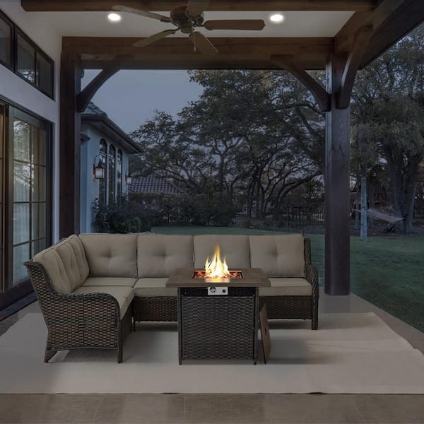 Brown 2-Piece Wicker Patio Fire Pit Set, Outdoor 6-Seater Sectional Seating Set with Olefin Beige Cushions