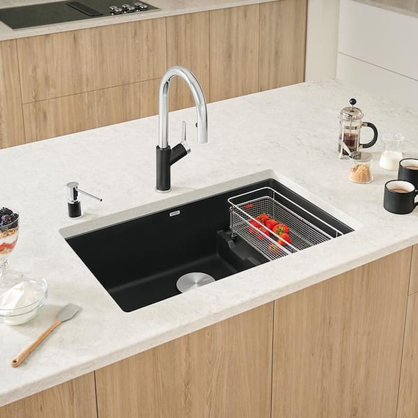 Blanco Precis Cascade Coal Black Granite Composite 28 75 In Single Bowl Undermount Kitchen Sink With Mesh Colander 442934 The Home Depot