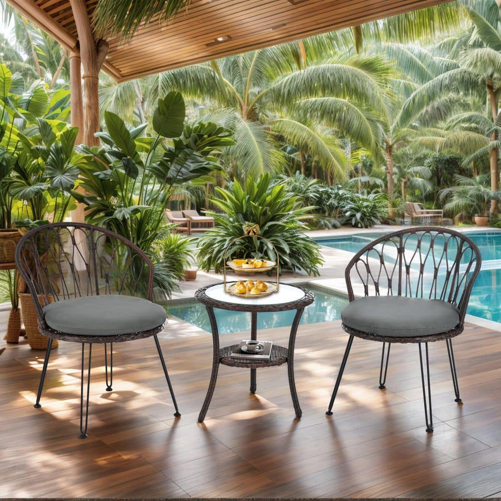 3-Piece Bistro Set, Brown Rattan Accent Chairs with Gray Cushion