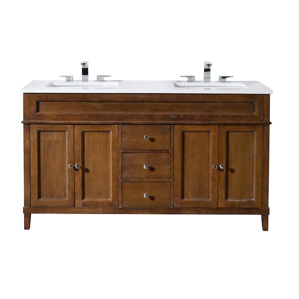 stufurhome Hamilton 59 in. W x 22 in. D x 33.5 in. H Vanity in Mahogany with Quartz Vanity Top in White and Basins