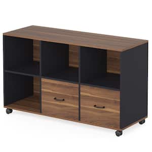 Cindy Brown&Black File Cabinet with Two Drawers, Wooden Rolling Lateral File Cabinet with Open Storage Shelves