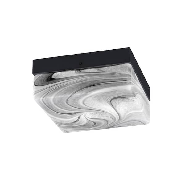 Unbranded Ashland 10 in. 2 Light Matte Black Flush Mount with Onyx Swirl Glass Shade No Bulbs Included