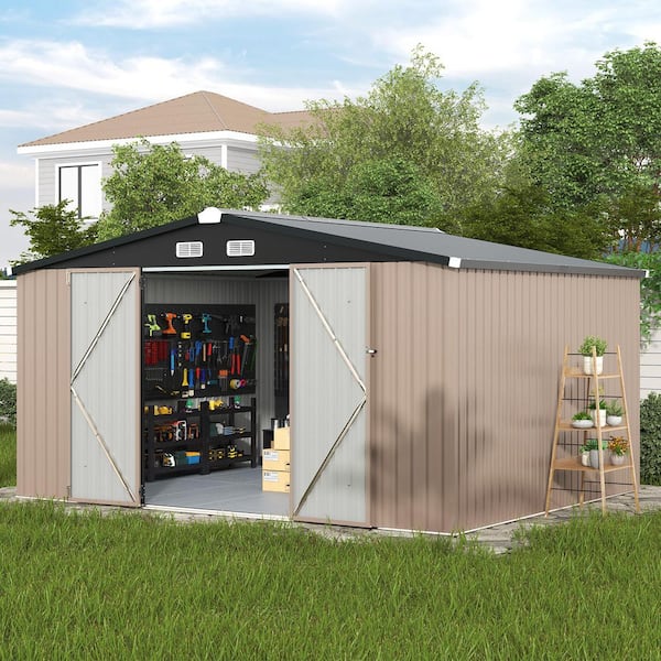 Sizzim 12 ft. W x 10 ft. D Metal Storage Shed with Floor Lockable Door and Vents for Tool, Garden, Bike (115 sq. ft.)