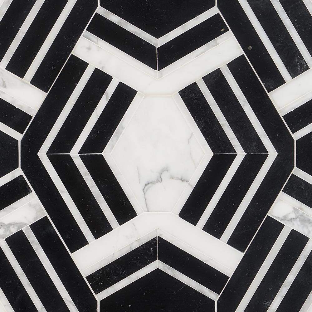 Black and White Geometric Marble Mosaic Tile for Indoor/Outdoor Use