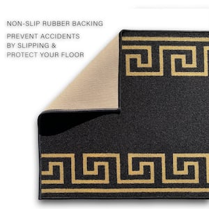 Greek Key Black and Gold 26 in. Width x Your Choice Length Custom Size Roll Runner Rug/Stair Runner