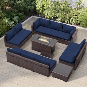 10-Person Wicker Patio Conversation Seating Set with Cushions in Navy Blue