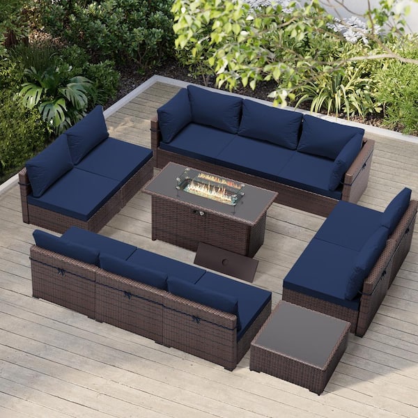 UPHA 10-Person Wicker Patio Conversation Seating Set with Cushions in Navy Blue