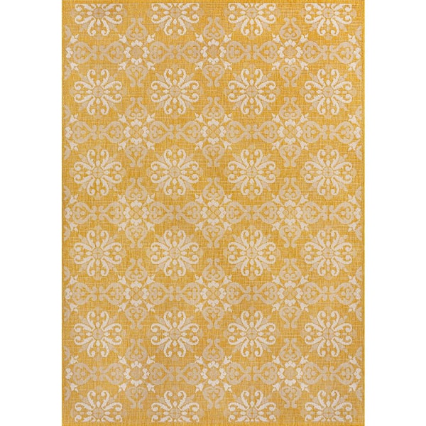 Amora Yellow/Cream 5 ft. x 8 ft. Traditional Mediterranean Tile Design Indoor/Outdoor Area Rug