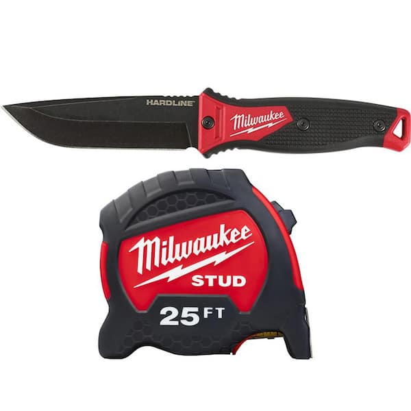 Milwaukee Hardline 5 in. AUS-8 Steel Fixed Blade Knife with 2 5 ft. x 1.3 in. Gen II STUD Tape Measure (2-Piece)