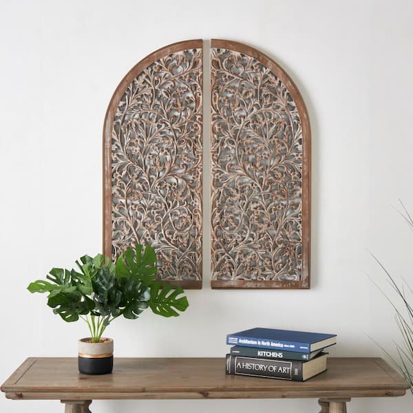 Litton Lane Wooden Brown Handmade Arched Floral Wall Decor with Intricate Carvings (Set of 2) Wall Art
