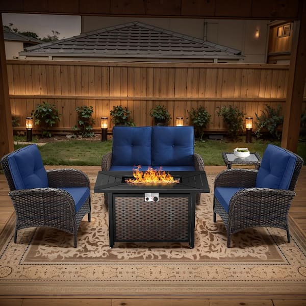 Brown 5-Piece Wicker Patio Fire Pit Set, Outdoor Glider Seating Set with Olefin Navy Blue Cushions and Patio Armchairs
