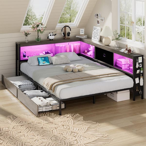 Gray Metal Frame LED Full Size Corner Platform Bed with Bookcases Charging Station and 2 Drawers