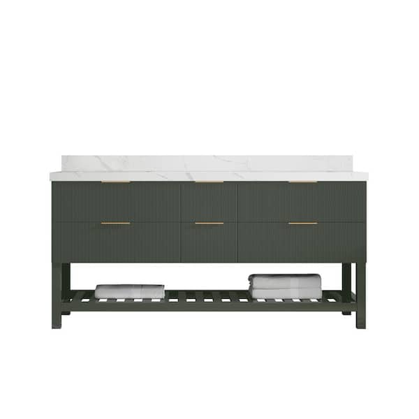 Willow Collections Catalina 72 in. Double Sink Freestanding Pewter Green Bath Vanity with Calacatta Laza Qt. Top Unassembled