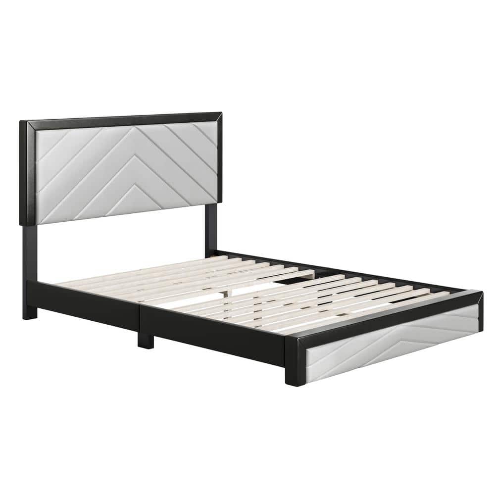Queen Black and Gray Faux Leather Upholstered Platform Bed with Chevron Headboard
