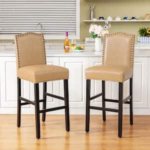 45 in. H Beige High Back Solid Rubberwood Frame Upholstered PU Bar Stool with Studded Decor (Set of 2)