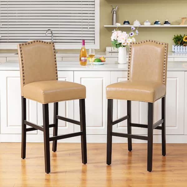 Glitzhome 45 in. H Beige High Back Solid Rubberwood Frame Upholstered PU Bar Stool with Studded Decor (Set of 2)