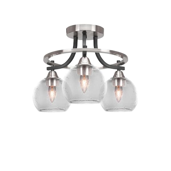 Unbranded Madison 15.5 in. 3-Light Matte Black and Brushed Nickel Semi-Flush Mount with Clear Bubble Glass Shade