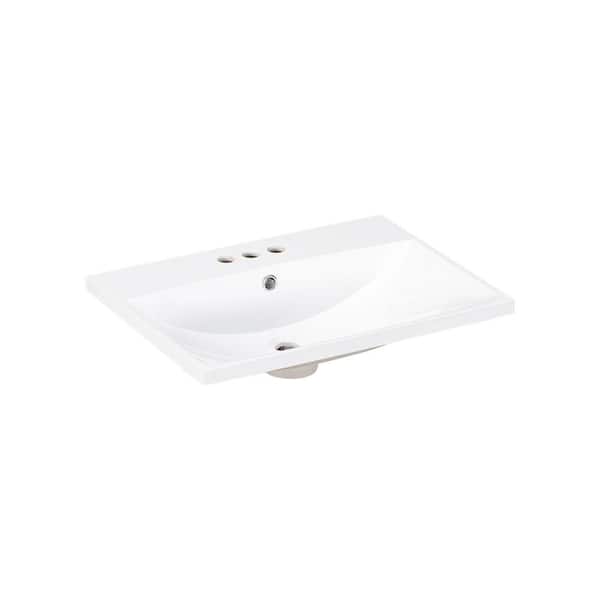 Unbranded 24 in. W x 18 in. D Ceramic Vanity Top in White Rectangular Single Bath Sink 3-Faucet Holes 4 in. Faucet Available