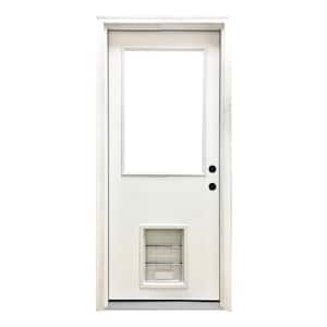 30 in. x 80 in. Reliant Series Clear Half Lite LHIS White Primed Fiberglass Prehung Front Door with Large Pet Door