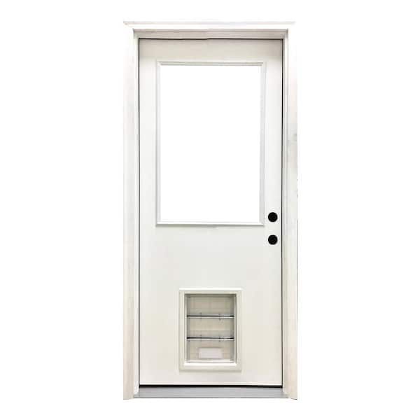 Steves & Sons 32 in. x 80 in. Reliant Series Clear Half Lite LHIS White Primed Fiberglass Prehung Front Door with Large Pet Door