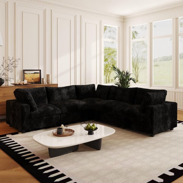 118 in. Rabbit Plush Fabric Square Arm 5-Piece Modular Free Combination Sectional Sofa in Black