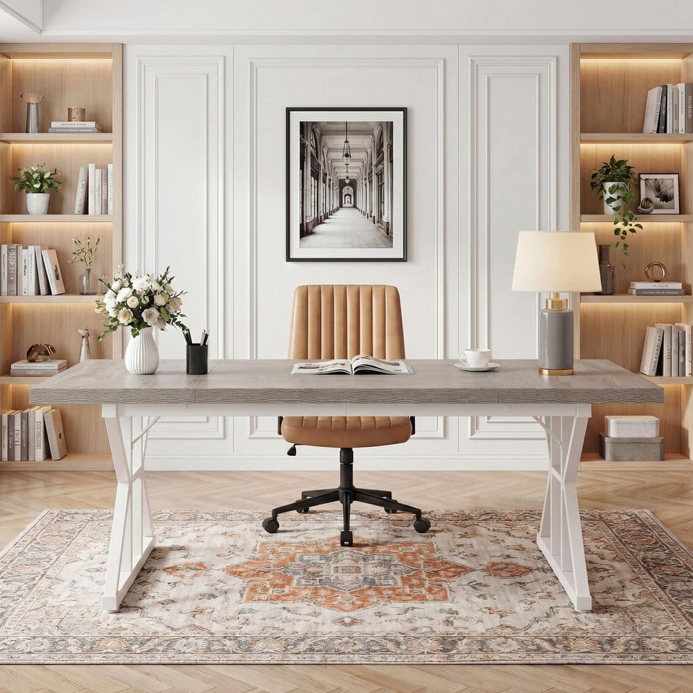 70.86" in. Rectangle Light Grey and White Wood Computer Desk, Study Writing Desk with Metal Base for Home Office