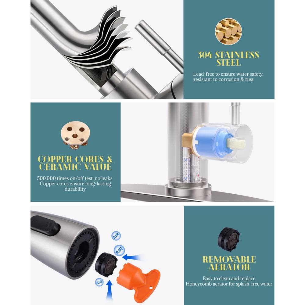 Brushed Nickel Pull Down Kitchen Faucet with Glass Rinser
