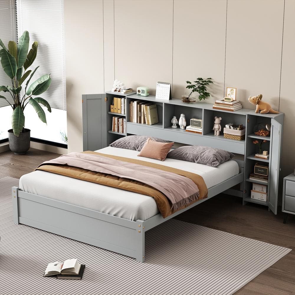 Gray Full Size Wood Platform Bed with Storage Headboard and Cabinets