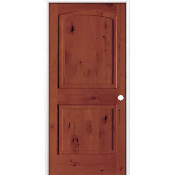 32 in. x 80 in. Rustic 2-Panel Arch Top Left-Hand Amaretto Stain Knotty Alder Wood Single Prehung Interior Door