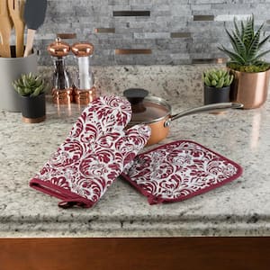 Quilted Cotton Burgundy Heat/Flame Resistant Oven Mitt and Pot Holder Set (2-Pack)
