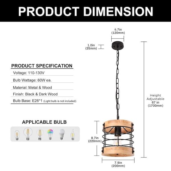 Briignite 8 in.1 Light Industrial Single Pendant Light for Kitchen