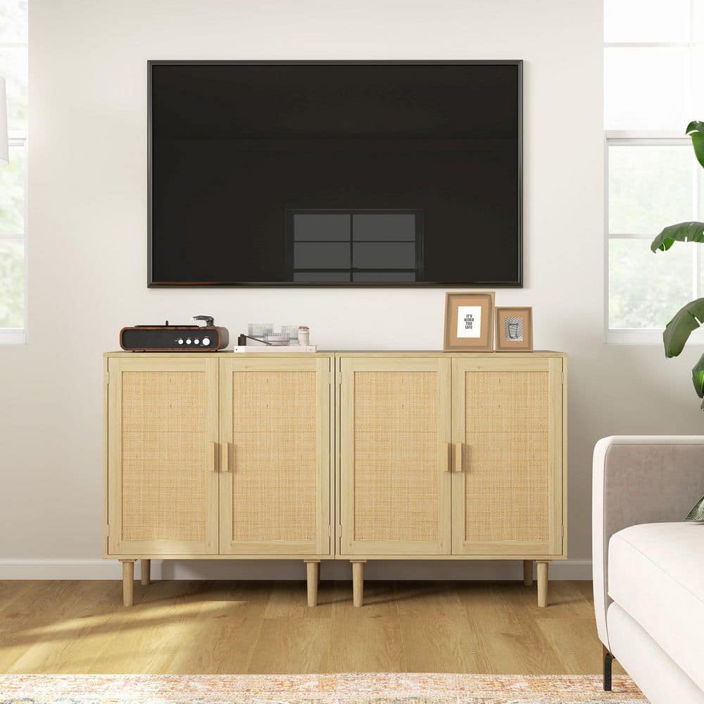 Natural Oak Bohemian Sideboard with Rattan Doors and Shelves