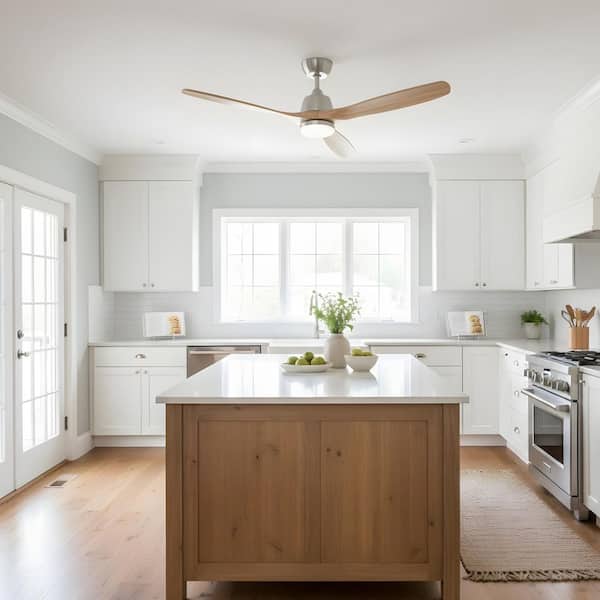 52 in. LED Indoor Brushed Nickel Farmhouse Rustic Ceiling Fan with Light Kit, DC Motor, Timer Function