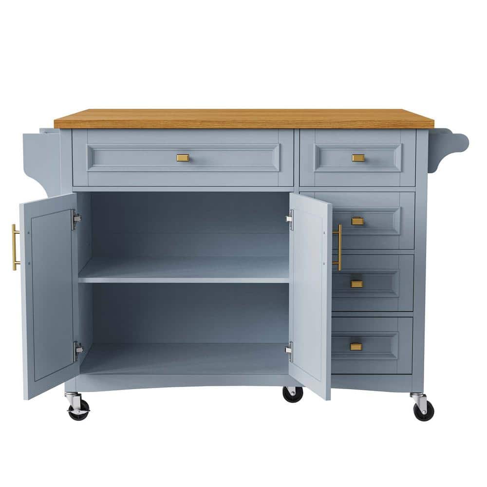 Blue Wood 52 in. Kitchen Island with 2 Doors and 5 Drawers Adjustable Shelf for Kitchen