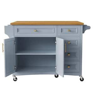 Blue Wood 52 in. Kitchen Island with 2 Doors and 5 Drawers Adjustable Shelf for Kitchen