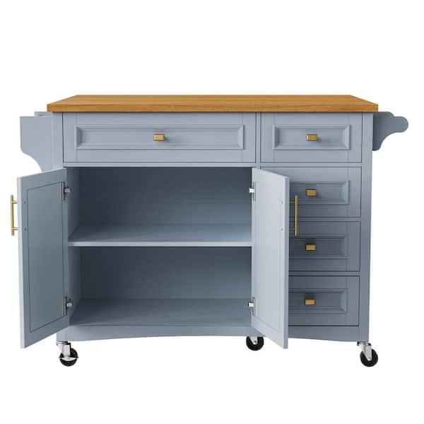 Blue Wood 52 in. Kitchen Island with 2 Doors and 5 Drawers Adjustable Shelf for Kitchen