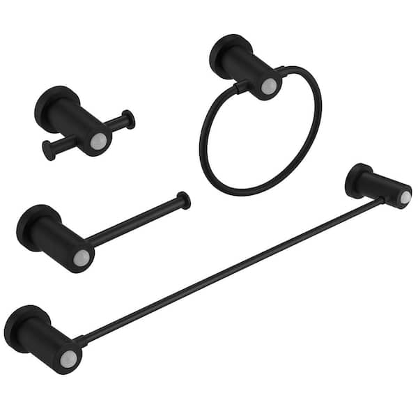 BWE 4-Piece Bath Hardware Set Towel Bar Toilet Paper Holder Towel Ring Included Motion Sensing Night Light in Matte Black