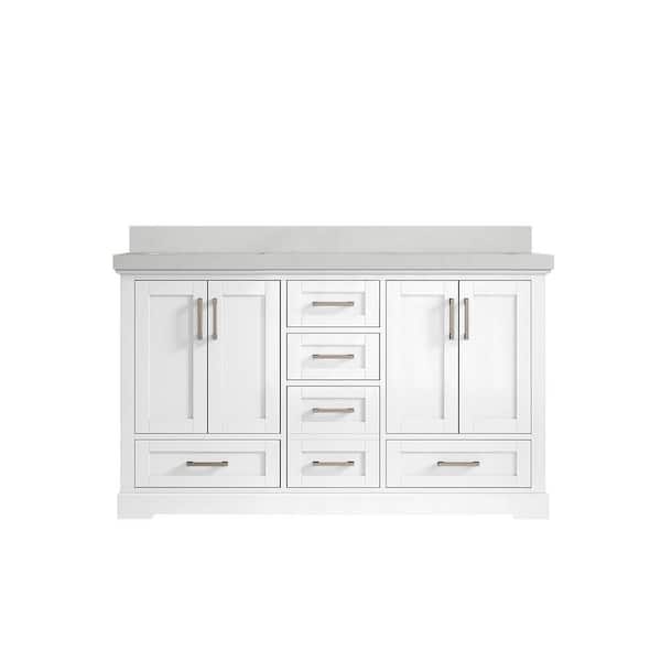 Willow Collections Boston 60 in. W x 22 in. D x 36 in. H Double Sink Bath Vanity in White with 2" Carrara Quartz Top