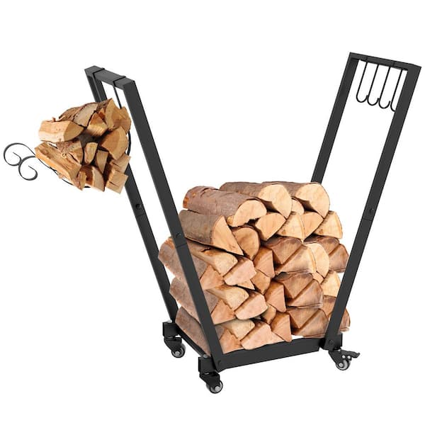 Unbranded 31 in. x 12 in. Outdoor Metal Firewood Rack with Kindling and Tool Hooks