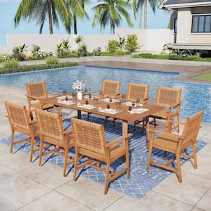 Brown 9-Piece Outdoor Patio Dining Set With Acacia Rectangular Table and Acacia wooden Chairs