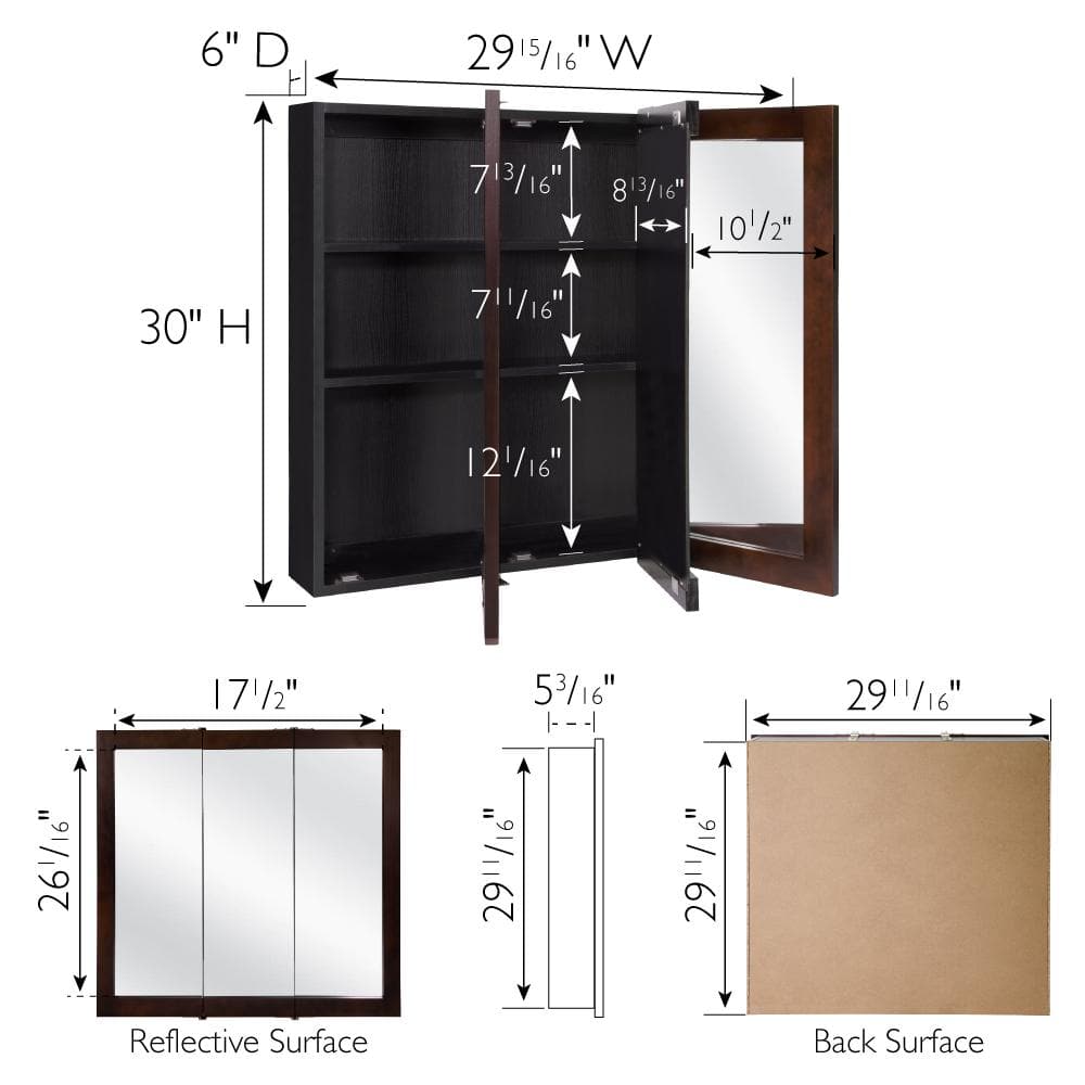 Ventura 30-Inch Espresso Pine Tri-View Medicine Cabinet