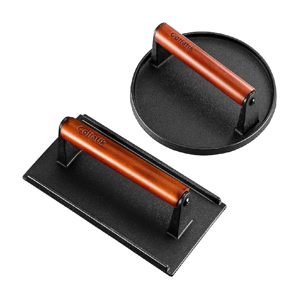 7.08 in. Round & 8.3 in. x 4.3 in. Rectangle Heavy-Duty Cast Iron Smash Burger Press Set with Wood Handle, Black