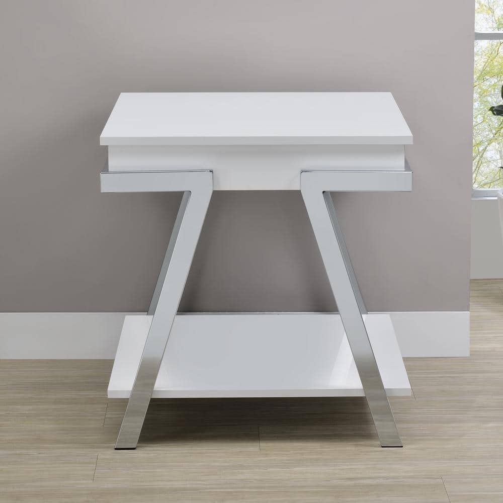 Zena 22" White Wood and Chrome Square End Table with Storage